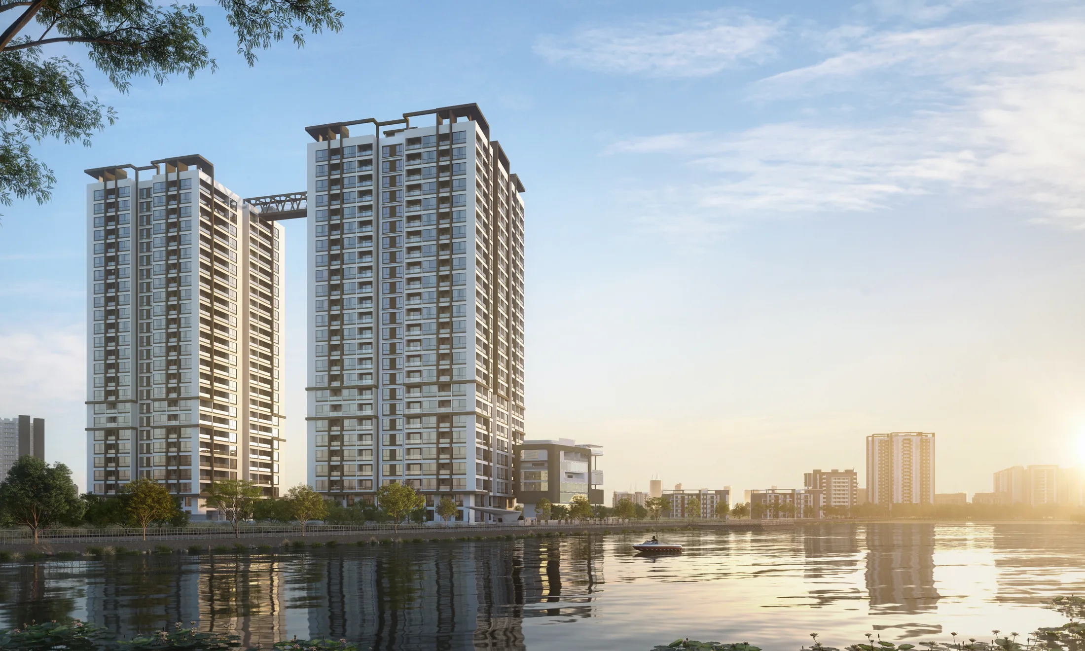 Twin towers over the lake at golden hour