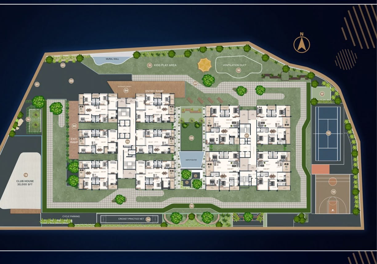 Makuta Taranga master plan — Residential Blocks A & B, clubhouse, courts, temple, jogging track